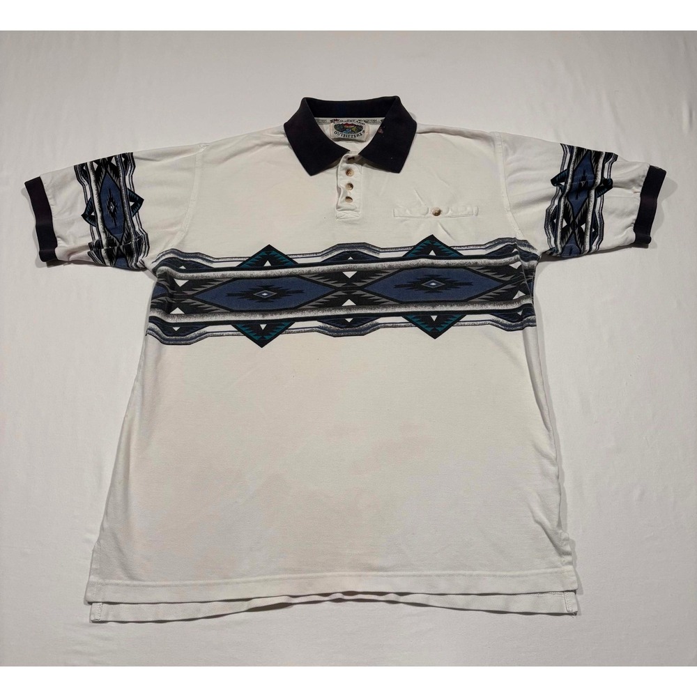 Vintage Cumberland Outfitters Aztec Southwestern Polo Shirt White Mens XL